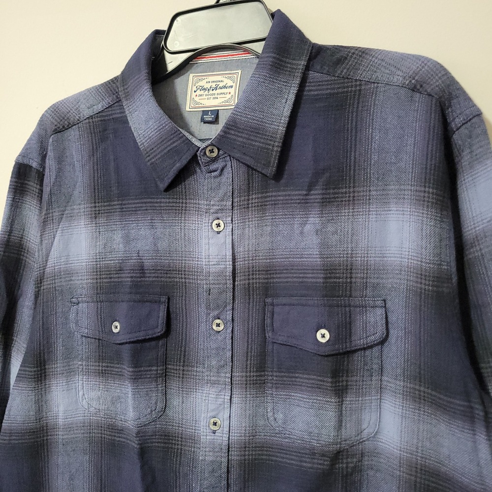 Flag & Anthem Flannel Button Down Shirt Mens Large Blue Ombre Plaid Long Sleeve